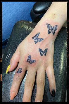 Small Butterfly Tattoos Inspiration - Hand Tattoo Inspiration 888 Butterfly Tattoo, Flock Of Butterflies Tattoo, 3 Small Butterflies Tattoo, Butterfly Hand Tattoos, Tattoos For Women Sleeve, Butterfly Tattoo On Hand, Small Butterfly Tattoos, Emoji Tattoo, Borboleta Tattoo