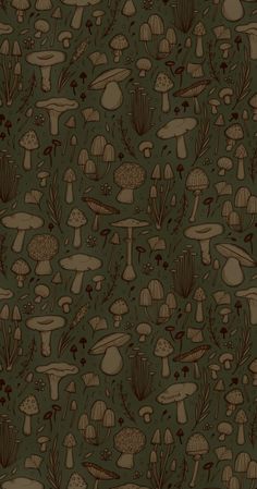 a green background with brown mushrooms and plants