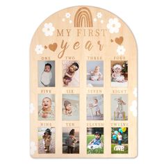 a wooden photo frame with the words my first year printed on it and pictures of babies