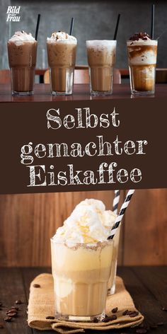 three glasses filled with different types of drinks on top of a wooden table and the words selbst genachter fiskaffe