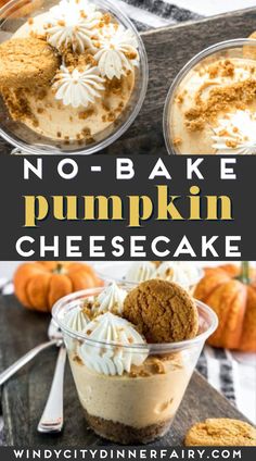 no - bake pumpkin cheesecake in a glass bowl with whipped cream on top