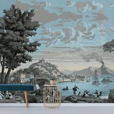 an artistic wallpaper with people and boats on the water in front of a blue sky