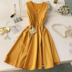 Elegante Casual, High Waist Dress, Gray Yellow, Looks Vintage, Yellow Dress, Primavera Estate, Women's Fashion Dresses, Boho Dress, Women's Dresses