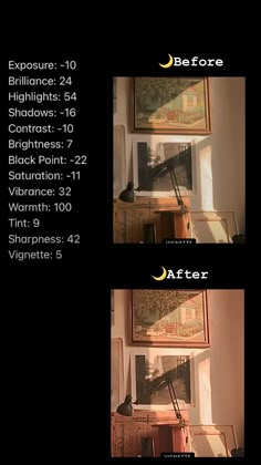 the before and after shots of an old painting on display in a room with black walls