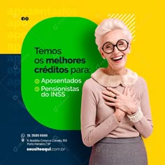 an older woman wearing glasses standing in front of a green and yellow background with the words, temos os melhorees creditos creados para apprentas