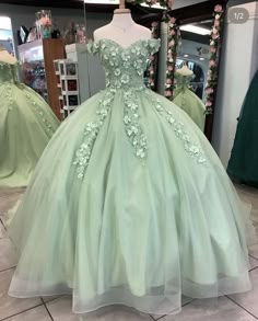 Sage Green Sweet 16 Dress Off Shoulder Quinceanera Dresses Applique MyChicDress Ball Gown With Flowers, Gown With Flowers, Green Quince Dress, Green Quinceanera, Green Quinceanera Dresses, Green Ball Gown, Quinceanera Themes Dresses, Sweet 16 Dress, Sweet 15 Dresses