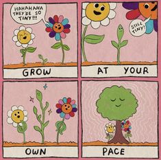 the four stages of growing flowers are depicted in this comic book, which shows how to grow