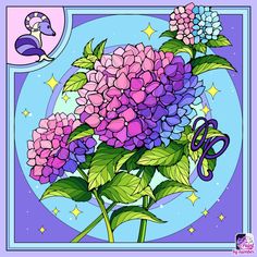 a purple flower with green leaves and scissors