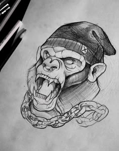 a pencil drawing of a cartoon character with a chain around it's neck and mouth