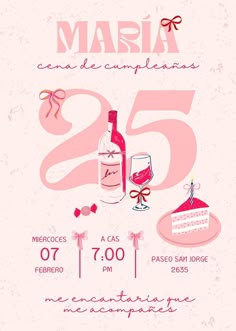 a pink birthday party poster with wine and cake