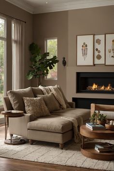 a living room with a couch, coffee table and fireplace in it's center