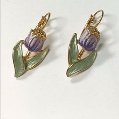 New Lavender Purple, Green, Gold Earrings Pierced. Spring Purple Flower Earrings For Pierced Ears, Purple Earrings For Spring, Purple Flower Earrings For Spring Gift, Purple Jewellery, Wood Hoop Earrings, Pearl Drop Earrings Gold, Purple Accessories, Freshwater Pearl Drop Earrings, Blue Crystal Earrings