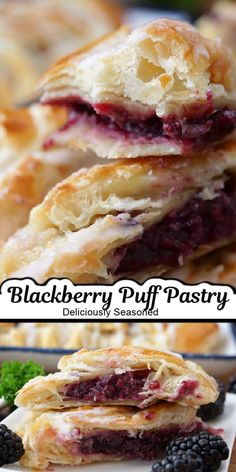 blackberry puff pastry is cut in half and stacked on top of each other with berries