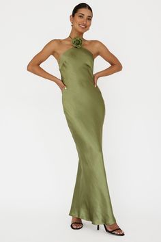 High Roller Flower Decoration Halter Dress Olive by Selfie Leslie Olive Green Halter Dress, High Neck Green Dress, Bridemaids Dresses Olive Green, Olive Green Wedding Guest Dress, Olive Green Dress Outfit Wedding, Olive Satin Dress, Bridget Wedding, Olive Green Maxi Dress, Lounge Wear Dress