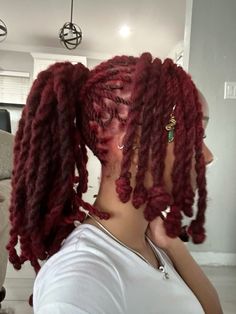 Loc Ombre Color, Locs Two Ponytails, Locs With Weave Ponytail, Cherry Red Locs, Dark Red Locs, Red Locs Black Women, Red Butterfly Locs, Curly Locs Hairstyles, Loc Color Ideas Black Women