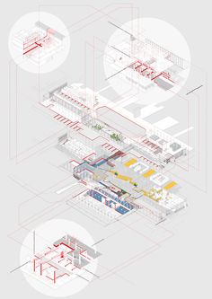 an architectural drawing of a building with red and yellow lines on the ground, in three different directions