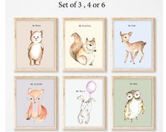 four framed pictures with animals on them and the words set of 3, 4 or 6