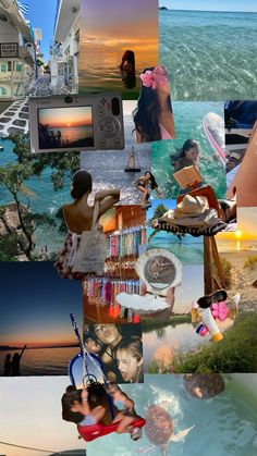 a collage of photos with people in the water and buildings on the other side