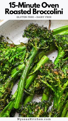 broccoli florets on a white plate with text overlay that reads 15 - minute oven roasted broccoli