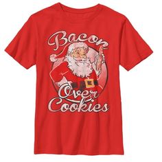 Santa Claus is staying away from the carbs, so leave him some bacon and the Lost Gods Christmas Bacon Over Cookies Boys' T-Shirt this year instead. A distressed vintage style Santa Claus is printed alongside the funny motto "Bacon Over Cookies" on this funny boy's Christmas tee. Size: XS.  Color: Red.  Gender: male.  Age Group: kids.  Pattern: graphic. Biys Christmas Shirts, Boys Christmas Shirts Vinyl, Christmas Bacon, Santa Tee, Funny Boy, Kids Clothes Boys, Boys Christmas, Boy Tees, Slim Fit Shorts