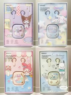 three different packagings for cell phones with cartoon characters on the front and back sides