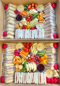 two boxes filled with different types of fruit and veggies on top of each other