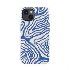 an iphone case with blue and white swirls on the front, sitting against a white background