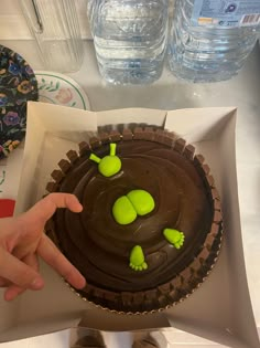 a person pointing at a chocolate cake with green decorations