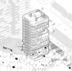 a black and white drawing of a tall building in the middle of an urban area