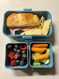 a lunch box with fruit, veggies and a sandwich