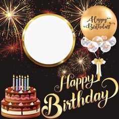 a happy birthday card with balloons, cake and fireworks on a black background that says happy birthday