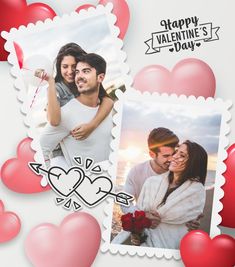 valentine's day photo collage with hearts and two photos in the middle, on a white background