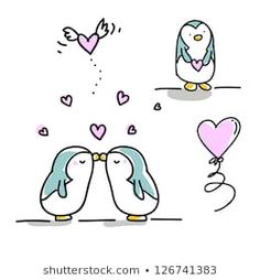 two penguins kissing each other with hearts flying out of their mouths, and one penguin is holding