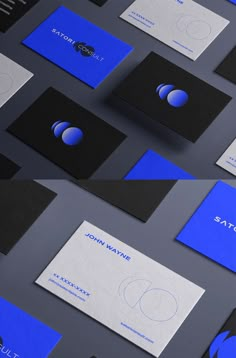 several different business cards with blue and black designs