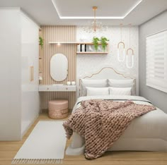 a bedroom with a bed, dresser and mirror in it's corner is shown