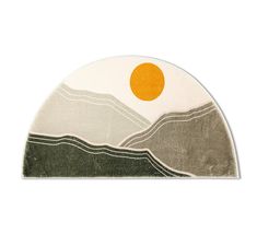 an oval shaped rug with mountains and sun in the sky above it, on a white background