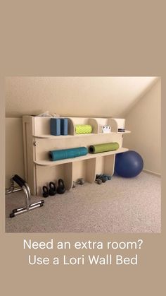 there is a shelf with yoga mats and exercise balls on it in the corner of this room