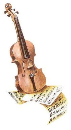 a drawing of a violin with sheet music on it's back and its neck