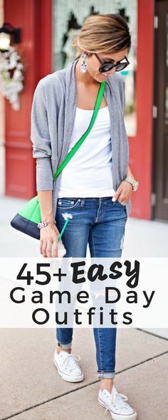 a woman wearing jeans and white shoes with text overlay that reads, 45 + easy game day outfits