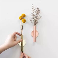 a person holding a flower in front of a wall mounted vase with flowers on it