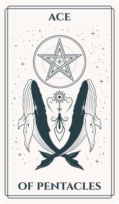 the ace of pentacles in black and white with an inverted star above it