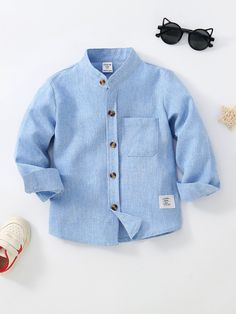 Azul Casual Collar manga larga Tela Letras Camisa Embellished No-Elástico Autumn Outwear, Fashion Days, Solid Color Shirt, Boys Casual, Linen Shirt, Boy's Clothing, Shirt Jacket, Linen Blend, Top Shirt