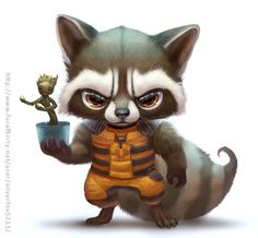 a raccoon holding a potted plant in it's paws