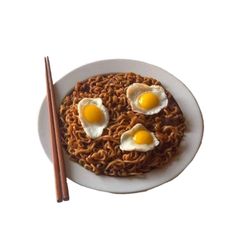 two fried eggs are on top of noodles with chopsticks in front of them