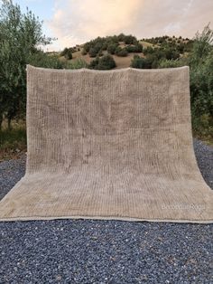 a blanket is sitting on the gravel near some trees