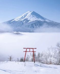 a snow covered mountain in the distance with a red tori tori standing on it's side