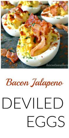 bacon jalapeno deviled eggs on a baking sheet with text overlay