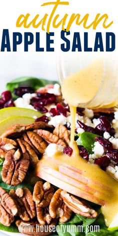 an apple salad with pecans, cranberries and apples is being drizzled with dressing