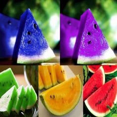 four different pictures of slices of watermelon and melon