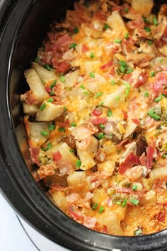 slow cooker chicken and potato casserole in the crock pot with text overlay